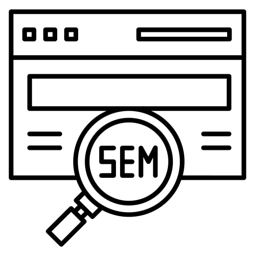 Icon of a web browser window with a magnifying glass showing the acronym SEM, representing Search Engine Marketing.